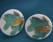 Japanese Vintage Porcelain Toshikane Fish Screw Back Earrings