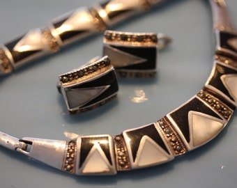 Striking Sterling Silver Art Deco Choker Bracelet and Earrings