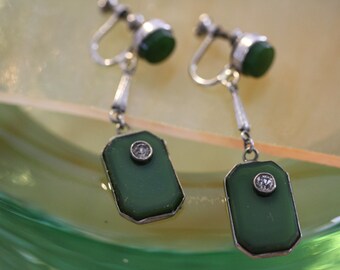 Jade Look Vintage Czech Glass 1940 Drop Dangle Deco Screw-back Earrings