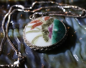Hand Painted Porcelain and Sterling Silver Vintage Asian Pendant Necklace