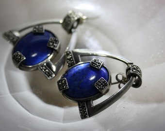 Art Deco Lapis and Sterling Drop Dangle Vintage Hallmarked Post Back Earrings