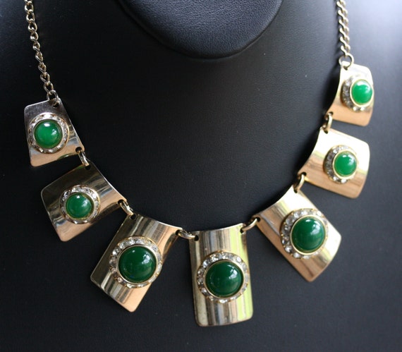 Unique Deco Modern Green Glass Necklace and Earri… - image 2