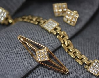 Trifari Crown Trifari Vintage Jewelry Set Gold and Crystal Art Deco Bracelet Earrings and Pin
