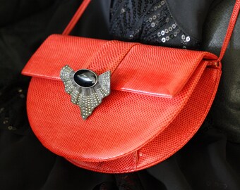 Sac à bandoulière Art déco en cuir à imprimé lézard rouge vintage Judith Jack