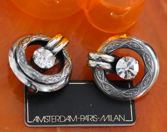 Ermani Bulatti Silvertone & Crystal Small Round Vintage Art Deco Earrings