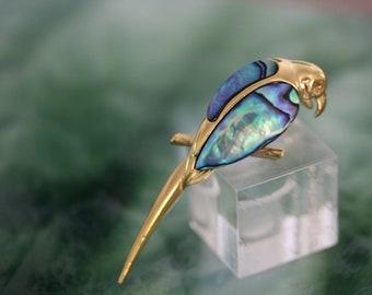 Broche perroquet Art déco en abalone et métal doré