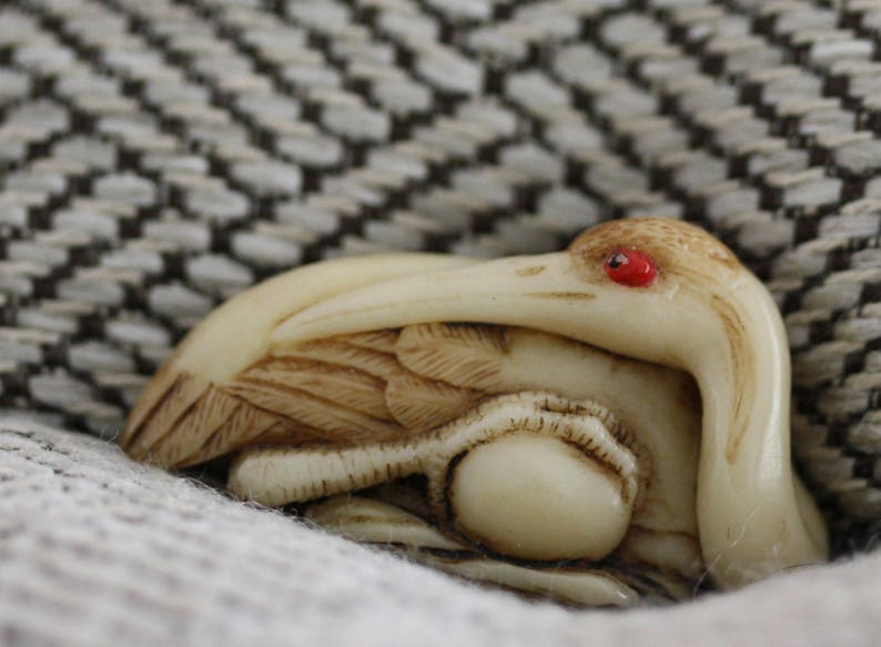 Japanese Carved Crane Pin from Ralph Massey Raven Studios Vintage