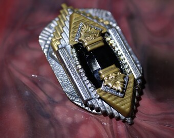 Audrelle Architectural Art Deco Onyx Silver & Goldtone Vintage Brooch