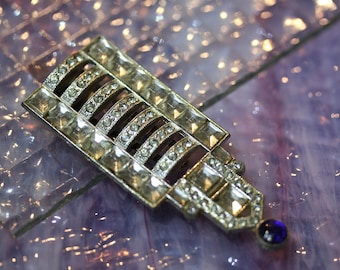 Clip de robe architecturale en cristal et en saphir Marcasite Art déco