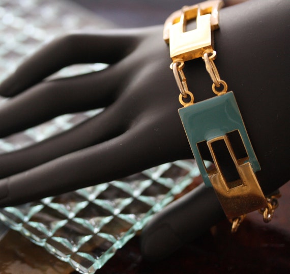 Art Deco Italian Goldtone Teal Enamel Bracelet - image 1