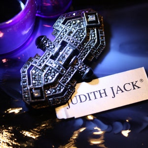 Elegant Judith Jack Sterling, Marcasite, and Onyx, Vintage Art Deco Brooch