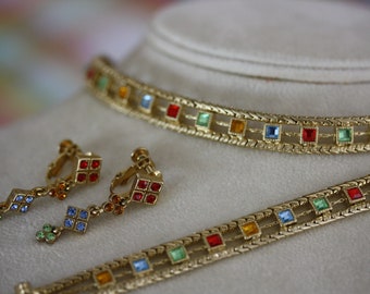 Vintage Napier Candy Colored Faceted Rhinestones in Goldtone Framed Parure