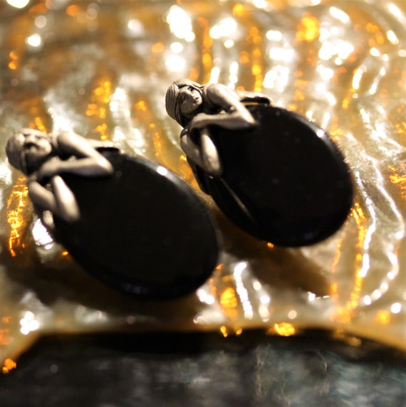 Art Deco Onyx and Silver Vintage Lady Post Earrin… - image 1