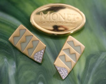 Monet Vintage Gold & Green Enamel Jazz Age Post Earrings