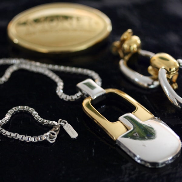 Monet Matinee Modernist Gold and Silver Mid Century Lanvin Style Vintage Necklace and Clip Earrings Set