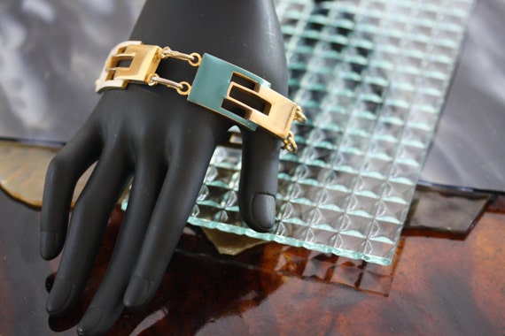 Art Deco Italian Goldtone Teal Enamel Bracelet - image 3