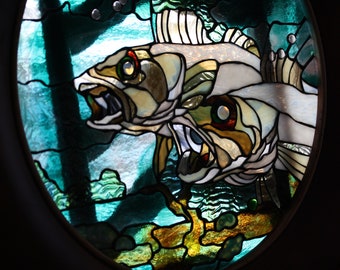Large OOAK Stained Glass Fish, Walleye on The Hunt, Framed Window Panel