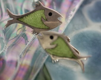 Sterling Silver Screw Back Neon Lime Green Fish Buddy Vintage Art Deco Earrings