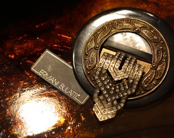 Ermani Bulatti Vintage Bronze tone Art Deco Onyx and Mop Brooch