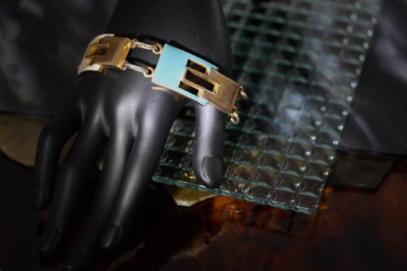 Art Deco Italian Goldtone Teal Enamel Bracelet - image 5