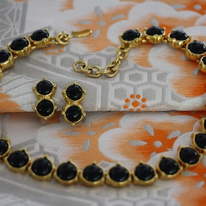 Elegant Vintage Monet Art Deco Onyx and Goldtone Choker and Clip on Earrings image 1