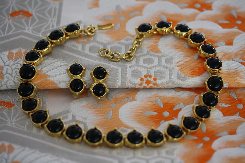 Elegant Vintage Monet Art Deco Onyx and Goldtone Choker and Clip on Earrings image 1