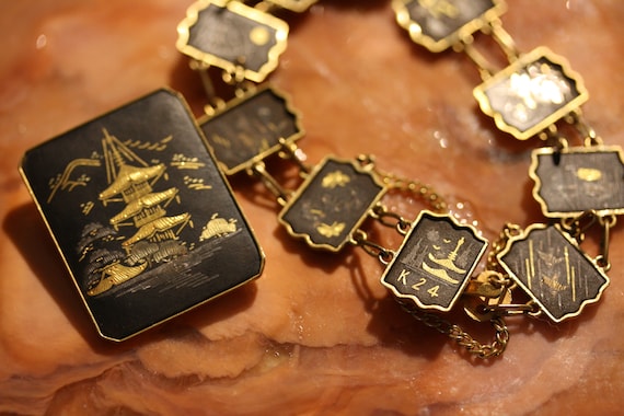 Elegant Vintage Japanese Damascene Brooch and Bracelet Etsy