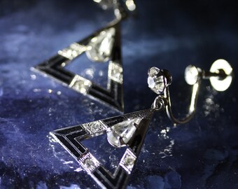 Art Deco Vintage Rhodium and Crytstal Dangle Silvertone Earrings by Taylor Maid