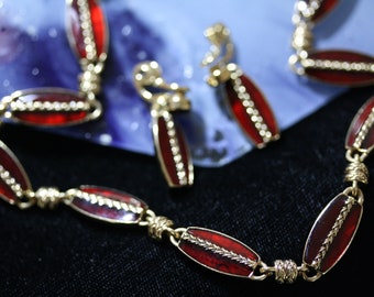 Monet Vintage Burgundy Enamel Art Deco Choker and Clip-on Dangle Earrings