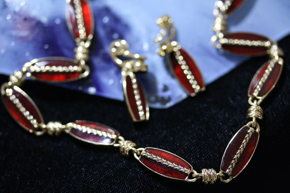 Monet Vintage Burgundy Enamel Art Deco Choker and… - image 1