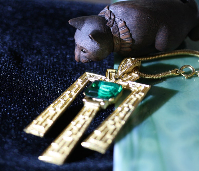 Crown Trifari Vintage Emerald Crystal Egyptian Revival Necklace image 1