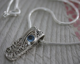 Vintage Art Deco Sterling Silver and Faceted Blue Topaz Pendant on Sterling Silver Snake Chain