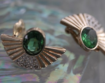 Perfect Panetta Emerald and Pave Crystal Vintage Art Deco Goldtone Clip on Earrings