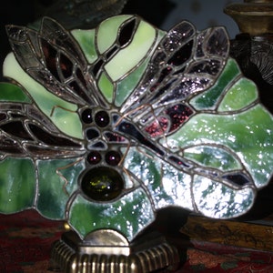 Stained Glass Art Nouveau Dragonfly Fan Lamp OOAK