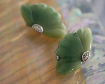 Boucles d'oreilles clip art déco vintage imitation jade Givenchy