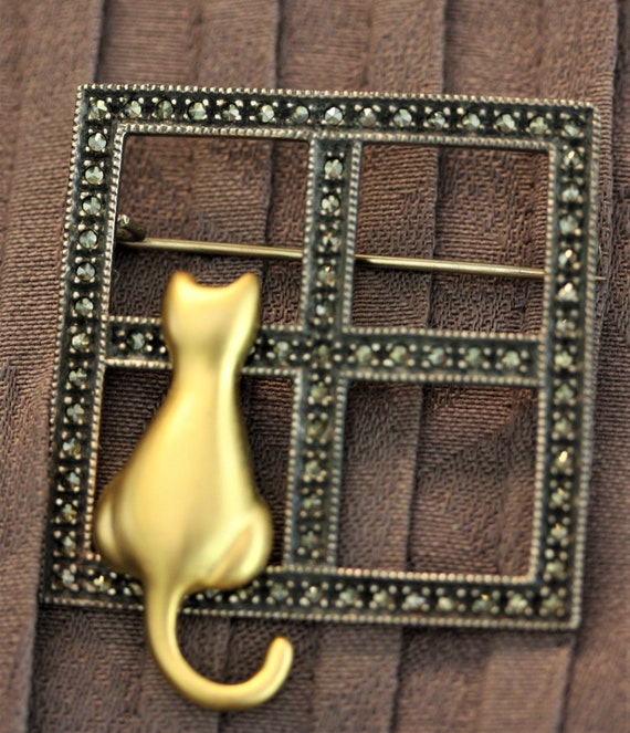 Judith Jack Marcasite and Goldtone Cat in Window … - image 4