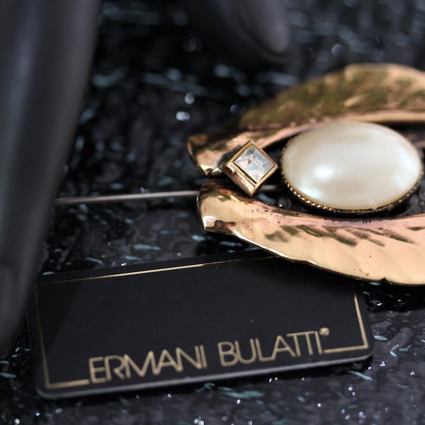 Broche Vintage ERMANI BULATTI Années 80 - Hématite Et Onyx - Bijou Rétro Élégant