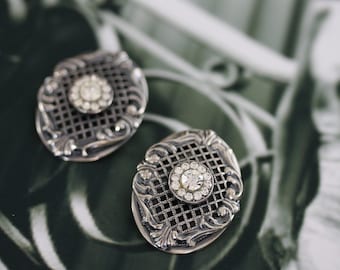 Ermani Bulatti Silvertone Trellis Filigree Art Deco Clip-on Vintage Earrings