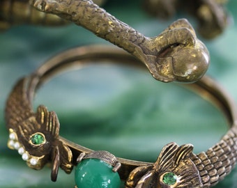 Art Nouveau 20,000 Leagues Under The Sea Serpent Castlecliff Jade Cast Bronze Bracelet