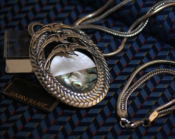 Ermani Bulatti Vintage Asian Cranes, MOP, and Long Double Herringbone Chain Necklace