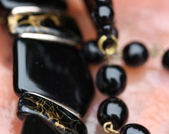 Art Deco Vintage Wet Look Black Glass Choker and Earrings