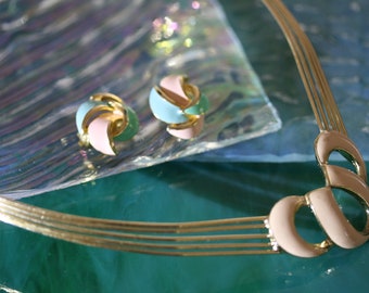 Trifari Mid Century Creamy Peach and Teal Enamel Open Choker and Earrings