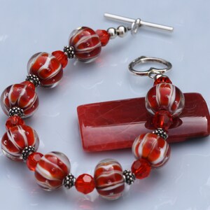 Lampwork art glass bead silver bracelet/ red/orange