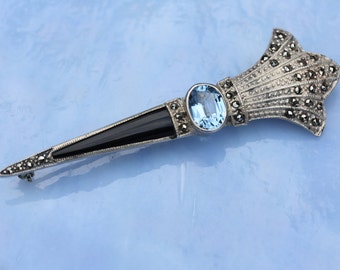 Fabulous Vintage Onyx and Marcasite Art Deco Torch Pin