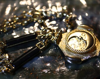 Christian Dior Vintage Modernist Satin Gold & Onyx Matinee Moon Medallion Necklace