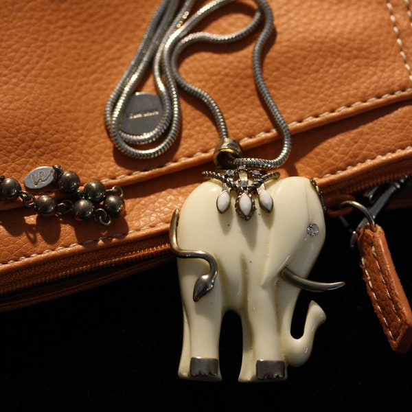 Liz Claiborne Lanvin Era Art Deco Lucite Elephant Pendant Sautoir on Liquid Silver Snake Chain