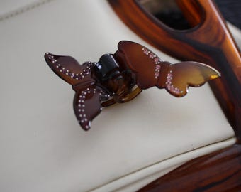 Lucite Thermoset French Vintage Butterscotch Butterfly Rootbeer  Hair Clasp