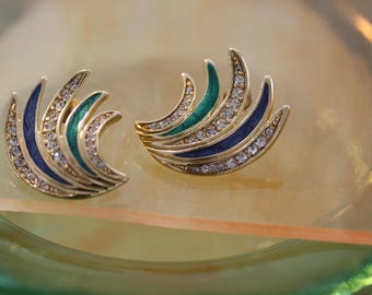 Wet Look Enamel Fern Vintage Trifari Art Deco Art Nouveau Post Back Earrings