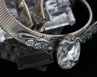 Ermani Bulatti Vintage Art Deco Art Nouveau Lizzard Choker with Crystal and Wide Silver Omega Chain