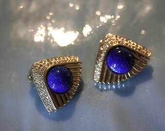 Pfabulous Panetta Gold and Silver Vintage Art Deco Lapis Clip on Earrings